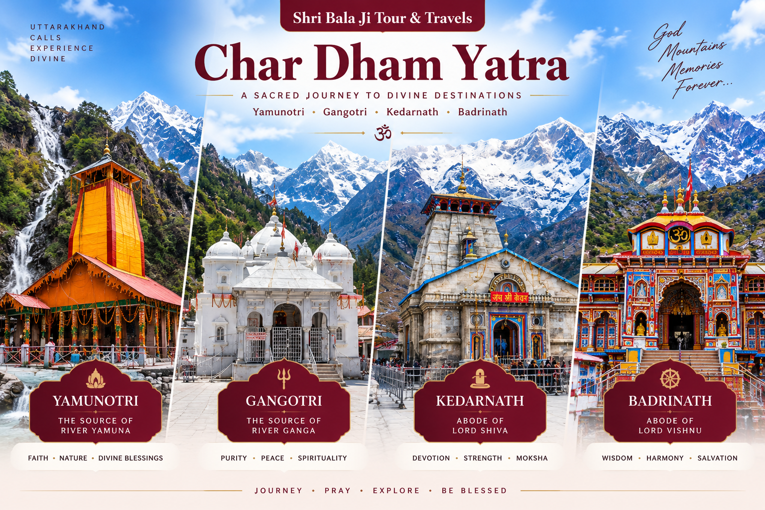 Char Dham Yatra in Uttarakhand featuring Yamunotri Gangotri Kedarnath and Badrinath